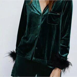 Green Velvet Pajama Top with Feather Cuffs